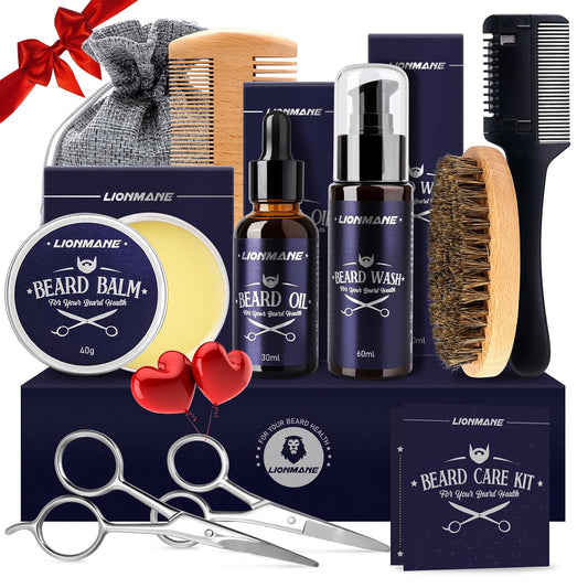 Beard Care Gifts Kit for Men, Beard Mustache Grooming Kit-Beard Balm, Beard Wash, Beard Oil, Brush, Scissors, Birthday Anniversary Daily Gifts for Husband/Boyfriend/Dad/Him